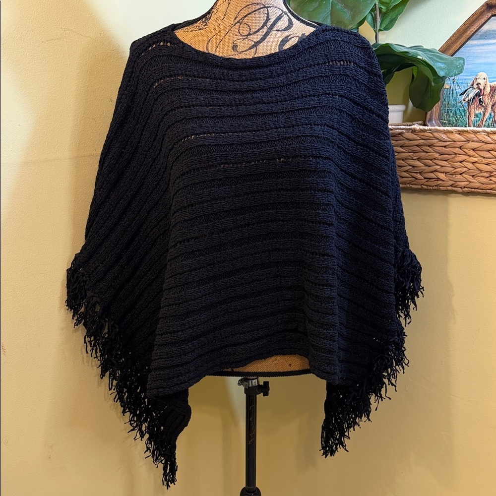 Lauren Ralph Lauren Fringed Black Knit Cotton Poncho Sweater S/M